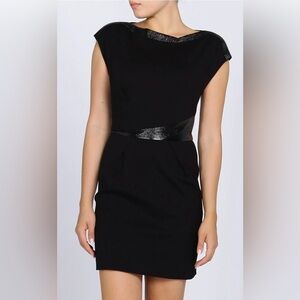 The Kooples Black Sheath Mini Dress Faux Leather Trim Boatneck Size 38 / US 6